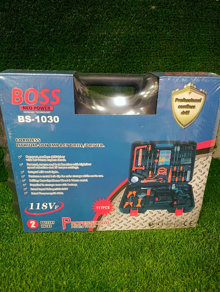 مجموعه دریل شارژی ۱۱۸ ولت ۱۱۷ عددی باس مدل BS-1030  سه نظام فلز