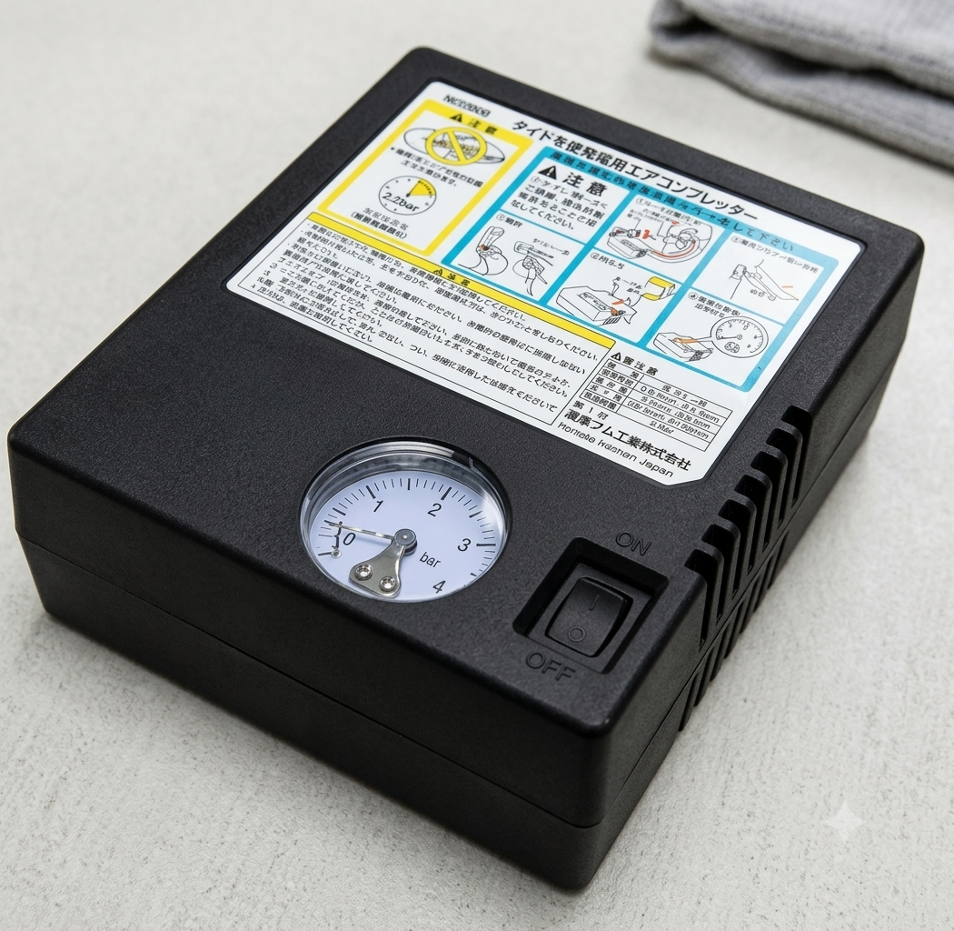 کمپرسور باد فندکی خودرو مدل ژاپنی استوک اورجینال (تک فیش، گیج‌دار دقیق)